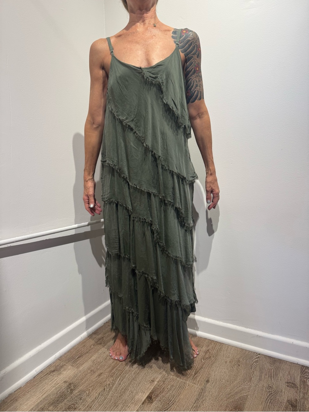 Silk Olive Tiered Fringe Maxi Dress - Women